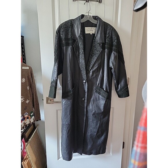 Winlit Jackets & Blazers - Vintage Winlit Leather Trench Coat Womens Large Black Paisley Embossed 80s 90s